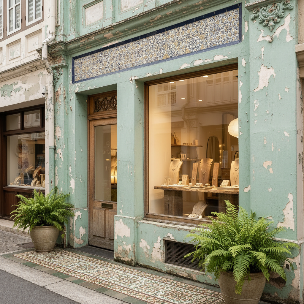 Aged Singaporean shophouse storefront